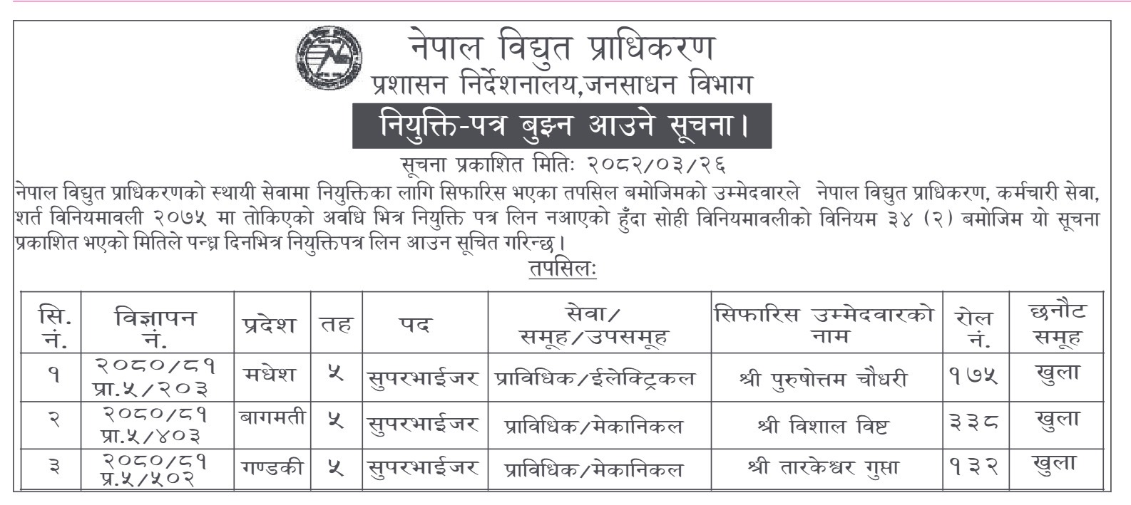 नियुक्ति- पत्र बुझ्न आउने सम्बन्धि सूचना