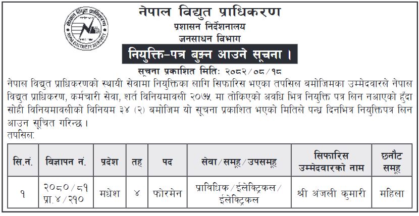 नियुक्ति-पत्र बुझ्न आउने सूचना