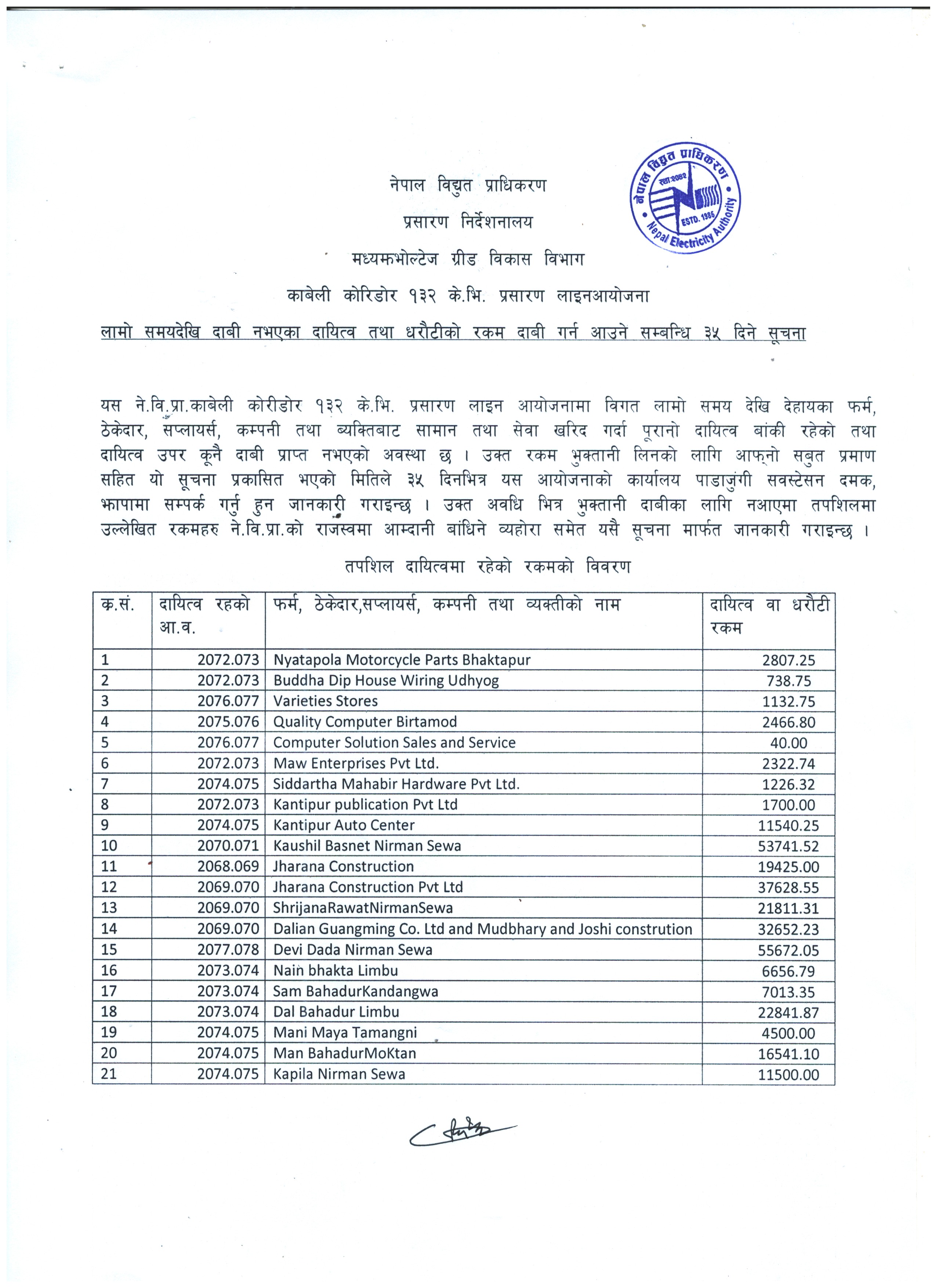 Notice regarding claiming long-standing liabilities