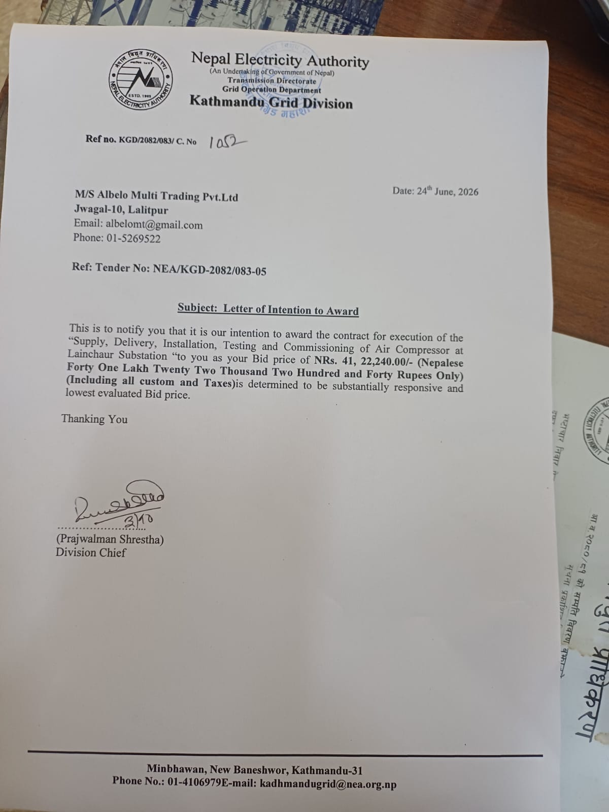 Letter of Intention to Award Kathmandu Grid Division
