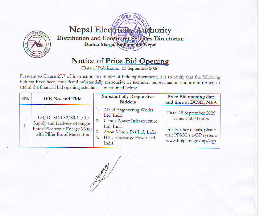 Notice of Price Bid Opening of Supply and Delivery of Single- Phase Electronic Energy Meter with Pilfer Proof Meter Box